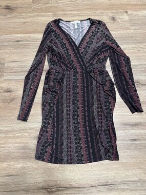 BCBGeneration Black and Mauve Striped Faux-Wrap Long Sleeve Dress with Pockets